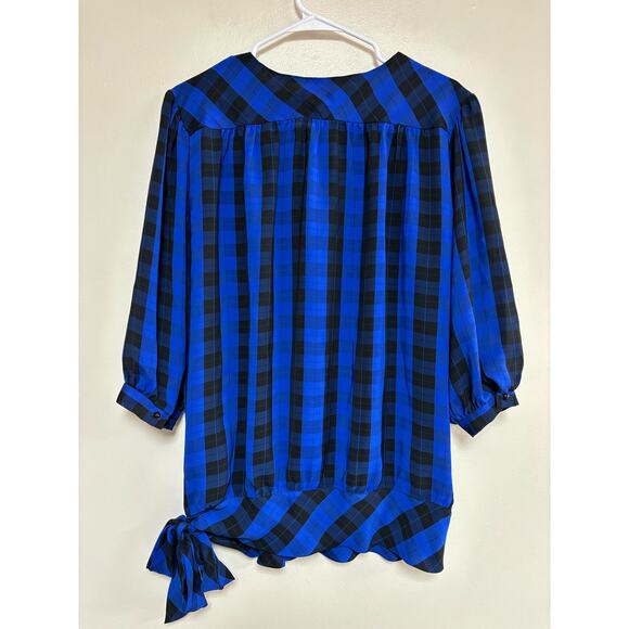 Vtg Ms. Paquette top shirt blouse blue black plaid 3/4 sleeves lightweight S - Picture 5 of 7